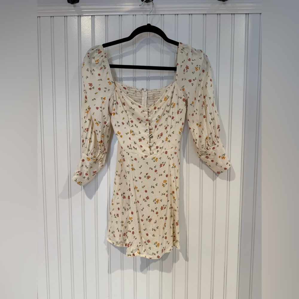 Reformation Cream Mini Dress with Square Neck and Bishop Sleeves